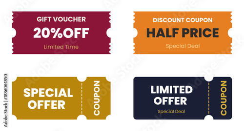 Collection of colorful discount coupons for special retail deals