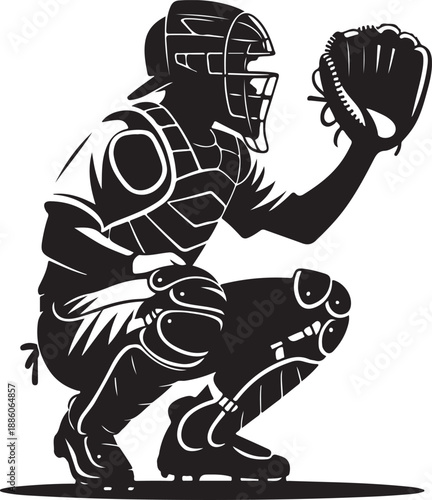Dynamic Baseball Catcher in Full Protective Gear Silhouette Vector Illustration