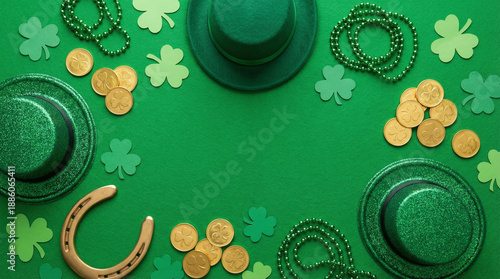 Wallpaper Mural St. Patrick's Day ensemble vertical top view of leprechaun's hats, lucky horseshoe, gold coins, trefoils, confetti, and beads on a vibrant green background Torontodigital.ca