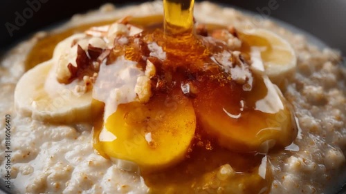 A close-up shot of oatmeal with banana slices, nuts, and golden syrup being poured