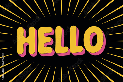 Vibrant Yellow Hello Greeting with Pink Accents and Yellow Lines on Black Background