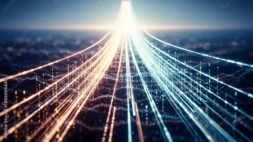 Obraz premium Abstract illustration of high-speed digital data flow and global network connection, representing modern technology and communication.