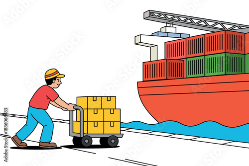 Cartoon worker transporting boxes to large cargo ship with containers on dock