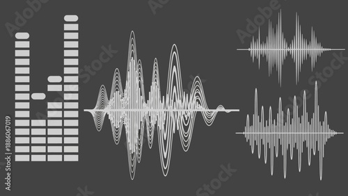 Digital audio spectrum waveform illustration featuring blue music notes and sound wave vector design elements on a black background representing technology data and pulse signal
