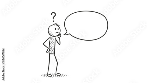 A cartoon businessman holding a magnifying glass stands next to a blank speech bubble vector illustration representing a thinking person with a creative communication idea