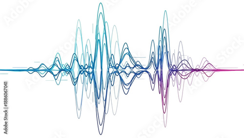 A digital heart pulse waveform illustration features a blue frequency equalizer line designed as a heartbeat vector for medical technology or business market charts