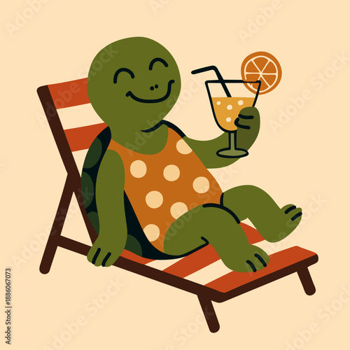 Cheerful turtle sitting on sun lounger in swimsuit and drinking cocktail. Vector isolated illustration