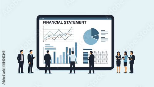 Business Team Analyzing Financial Statement Data on Large Tablet Screen for Corporate Strategy