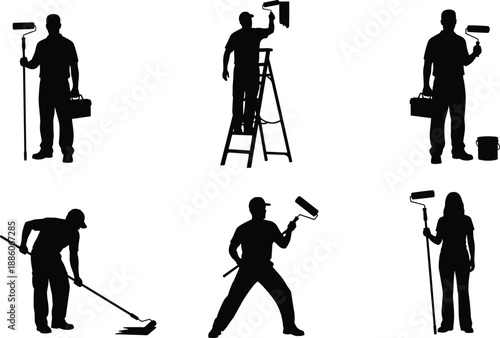 Silhouettes of diverse painters using rollers, ladders, buckets, and toolboxes for home improvement, renovation, construction, interior design projects