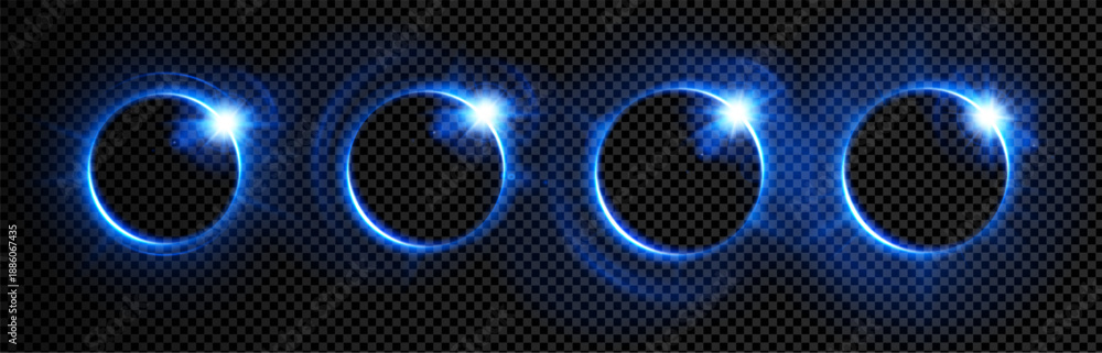 Fototapeta premium Blue halo black background circle magic and eclipse neon circular. Star aura current with radial halo galaxy and bright round futuristic. Border flare halo with vector luminous portal.