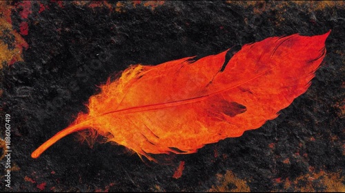 A vibrant, fiery feather against a textured, dark backdrop, capturing warmth and contrast