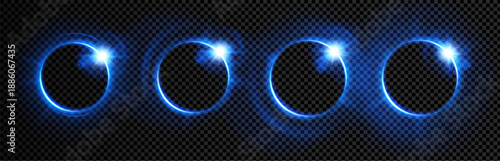 Blue halo black background circle magic and eclipse neon circular. Star aura current with radial halo galaxy and bright round futuristic. Border flare halo with vector luminous portal.