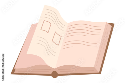 Cute colorful open book. Book in an educational theme with scientific and fiction literature. Learning and reading concept. Flat vector illustration isolated on white background.