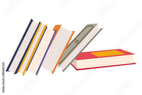 Cute colorful stack of books. Pile of books in an educational theme with scientific and fiction literature. Learning and reading concept. Flat vector illustration isolated on white background.
