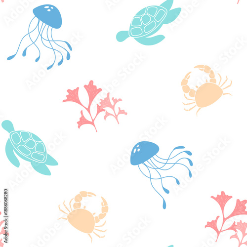 Seamless underwater pattern in cartoon graphic style. Marine creatures like turtles, jellyfish, and crabs create an aquatic ocean theme. This clean background highlights marine life with flat