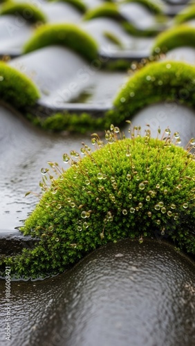 Close Up Of Lush Green Moss Covered Roof Tiles After Rain