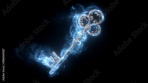 A luminescent skeleton key surrounded by swirling blue smoke against a pitch-black background