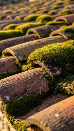Close Up Of Old Terracotta Roof Tiles Covered In Lush Green Moss During Golden Hour Sunlight