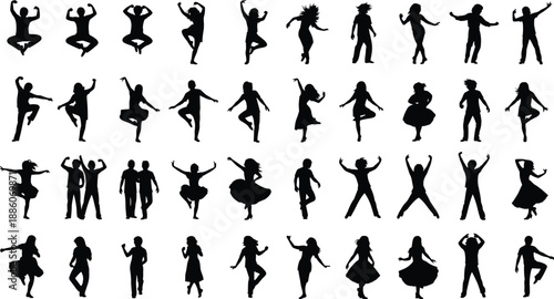Silhouettes of dancers in diverse expressive poses showcasing ballet, hip-hop, contemporary, ballroom, and energetic dance styles for artistic design concepts