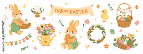 Cute Easter illustration set with bunny characters, eggs, baskets, flowers, wreath and spring decorations. Adorable Easter elements. Flat vector illustration isolated on white background.