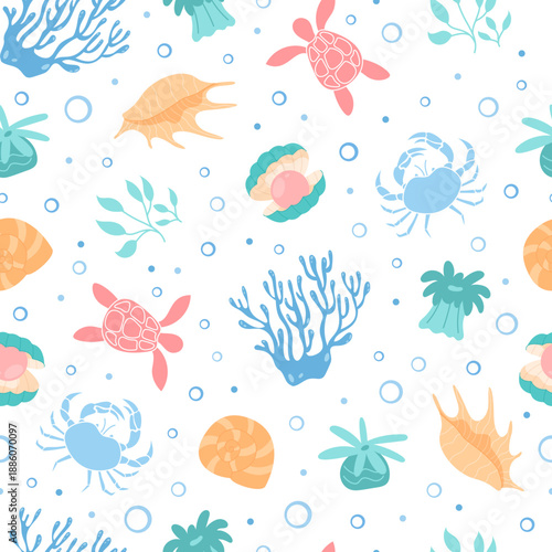 Cartoon underwater marine scene with turtle, coral, and aquatic elements in a seamless ocean pattern. Vibrant sea flora and fauna create a lively marine background. Perfect for aquatic themes summer