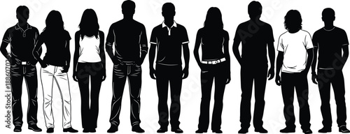 Silhouettes of diverse people standing together in a row, symbolizing unity, individuality, fashion, lifestyle, teamwork, community, and human identity