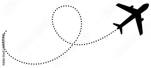 Dotted airplane flight path icon showing travel route. Vector illustration of plane trail with dashed line pattern for trip planning and journey map.