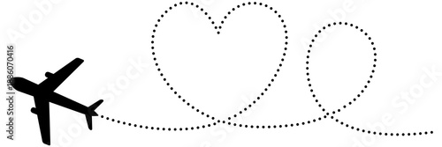 Travel route map with airplane icon and dotted flight path. Vector plane silhouette following dashed trail with heart shape for tourism itinerary and trip design.