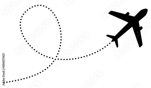 Dotted airplane flight path icon showing travel route. Vector illustration of plane trail with dashed line pattern for trip planning and journey map.