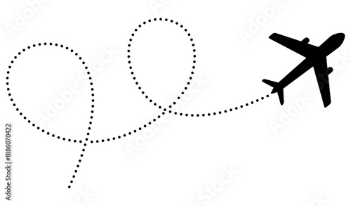 Vector icon showing aircraft silhouette with dashed route trail. Isolated illustration of jet following dotted curve for aviation infographic and tourism design.