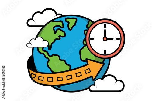 Cartoon globe with clock and film strip, symbolizing time and motion around the world