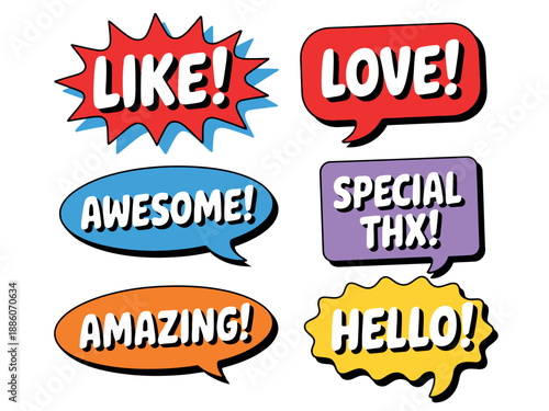Colorful Comic Speech Bubbles with Positive Words and Expressions
