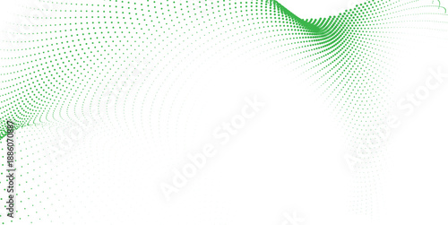 Abstract green halftone arc vector illustration with flowing dotted motion pattern on white background for modern branding presentations and digital layouts