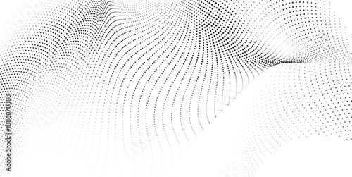 Abstract halftone spiral wave vector illustration with flowing dotted motion pattern on white background for modern branding editorial and digital design projects