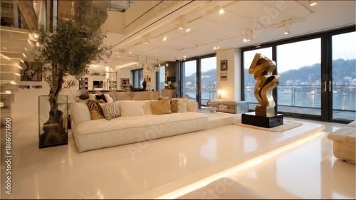 A luxurious interior featuring a modern staircase, sculpture, sofa, and stunning waterfront view