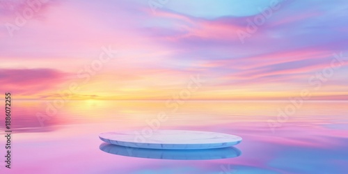Pastel sunset sky with clouds reflecting on calm sea surface, empty marble platform in foreground. Dreamy minimal background scene. Product presentation mockup
