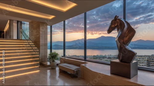 Modern interior with a sculpture of a horse and large windows overlooking a lake and mountains