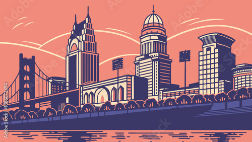Cincinnati skyline captures ohios buildings, river, bridge, and trees artistically. Suitable for urbanthemed projects and travel publications.