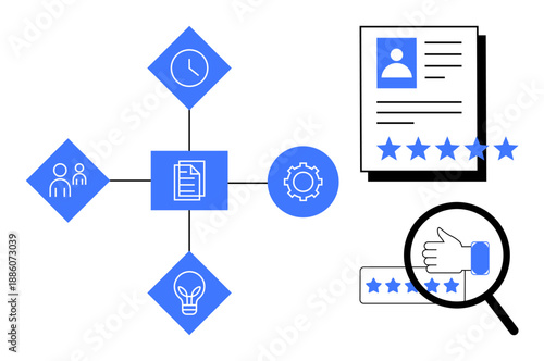 Diagram highlighting human resources management with file management, users, clock and idea icons connected. Ideal for recruitment, performance reviews, employee management, consulting, business