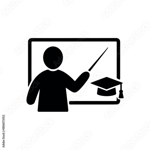 Black Silhouette Teacher Icon with Graduation Cap on Whiteboard Background Education Symbol