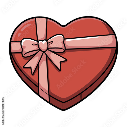 Red heart shaped gift box with pink ribbon and bow on white background illustration