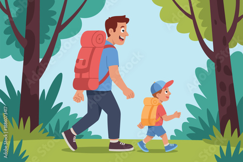 Father and son hiking together outdoors in nature with backpacks and trees