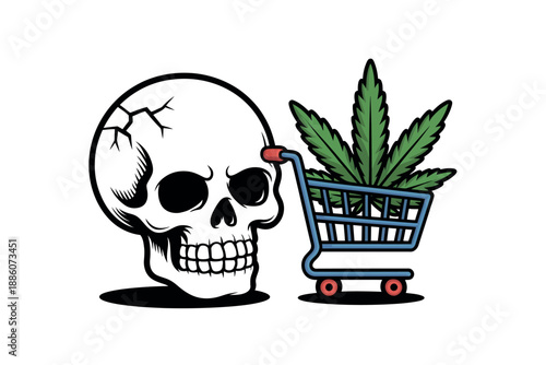 Cartoon skull with shopping cart and cannabis leaf illustration