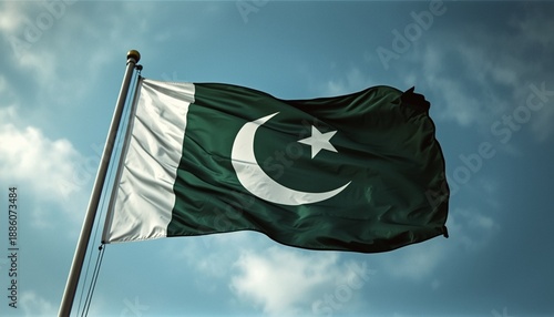The Pakistani flag waving in the wind against a blue sky