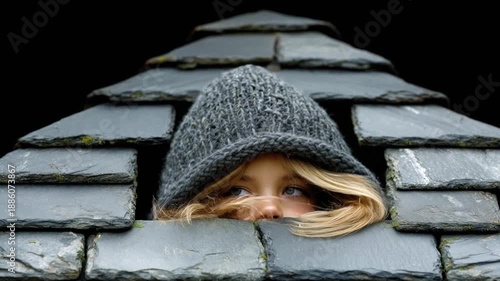 A child with blonde hair wearing a knitted hat looks out from between grey slate tiles