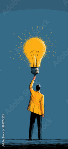 Businessman reaching for a glowing light bulb, symbolizing new ideas and innovation. Businessman holding light bulb representing creative idea