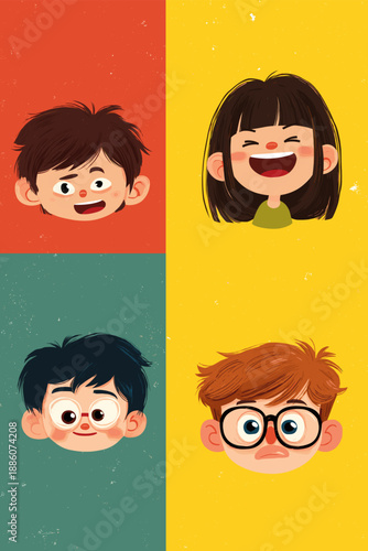 Cheerful cartoon faces on a colorful background expressing various emotions and concepts. Cartoon faces showing emotions and different personalities