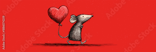 Cartoon gray rat running with a large red heart on a solid red background. Cute gray rat carrying red heart running