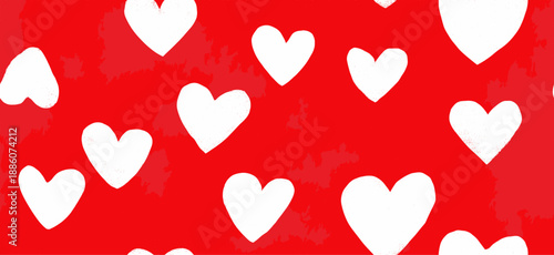 White outline and filled hearts scattering on a red watercolor textured surface. Hand drawn white hearts seamless pattern on red background