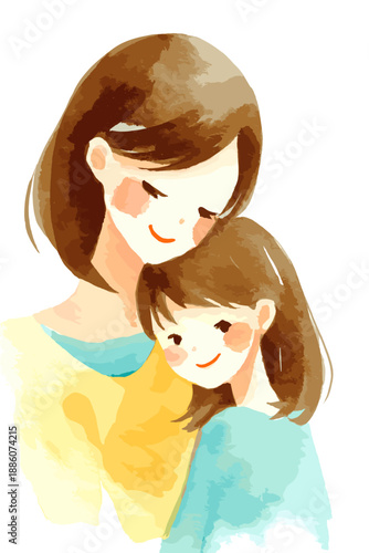 Watercolor illustration depicting a mother embracing her happy child with warmth and care. Mother and child smiling showing love and connection